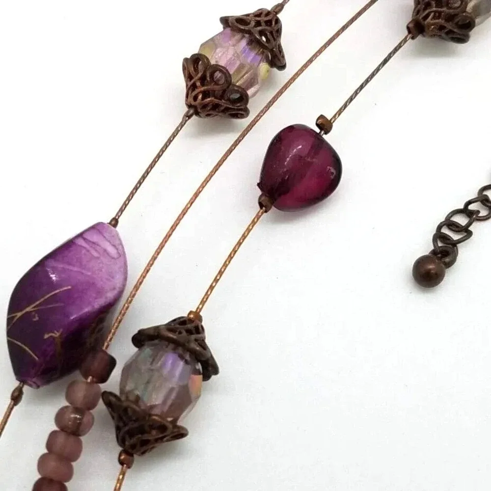Purple Beaded Necklace‎ Earrings Set Bronze Tone Cross Key Heart Charms Women